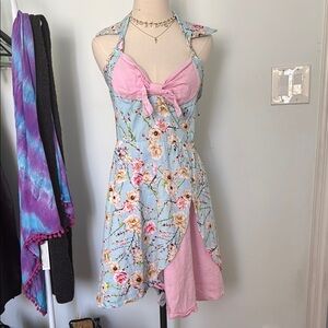 Floral Halter Dress in Blue and Pink